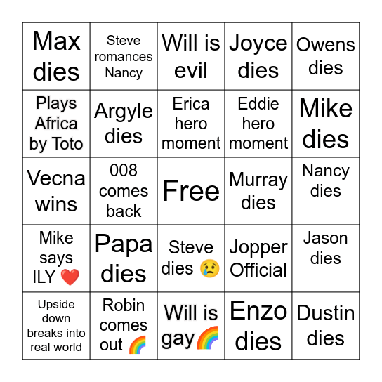 Stranger things Bingo Card