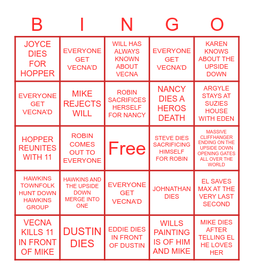 STRANGER THINGS SEASON 4 Bingo Card