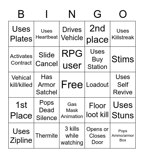 Warzone Bingo Solos Bingo Card