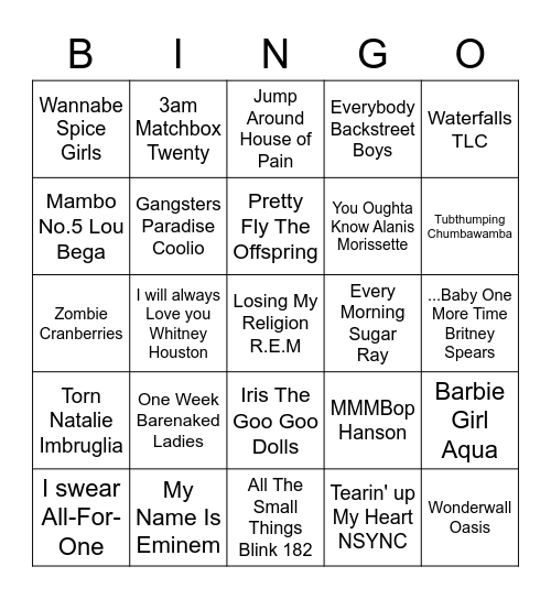 90s Music Bingo Card