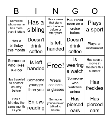 Meet the Class Bingo Card