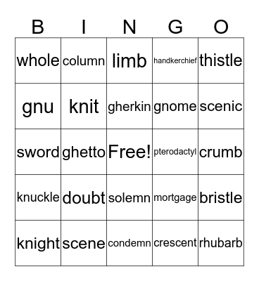 silent letters Bingo Card