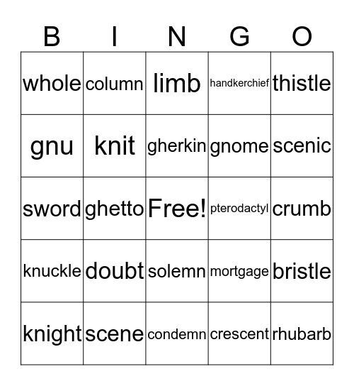 silent letters Bingo Card