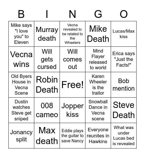 Stranger Things Season 4 Bingo Card