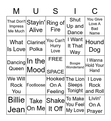 Musical Bingo Card