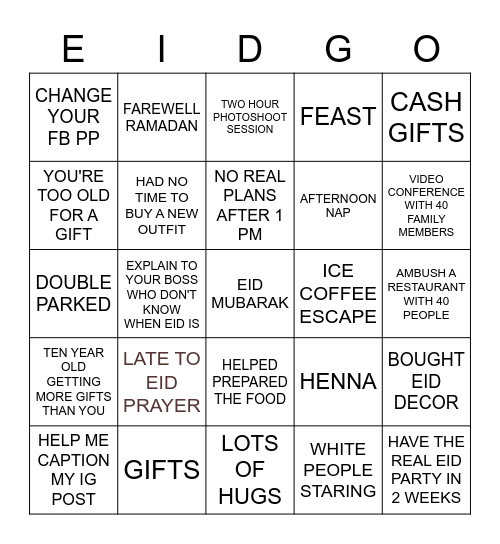 EID BINGO Card