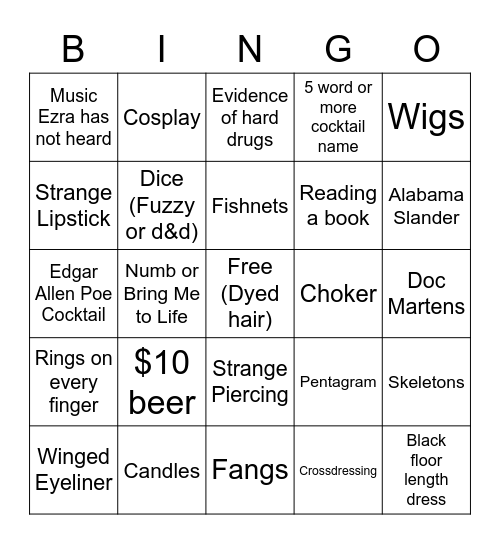 Goth Club Bingo Card