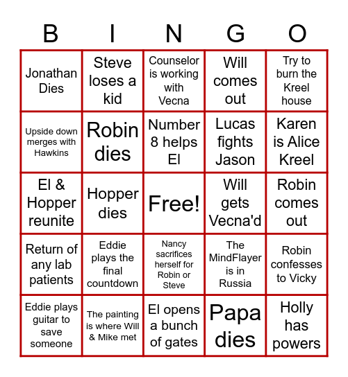 Stranger Things Vol. 2 Bingo Card