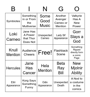 Thor 4 Bingo Card