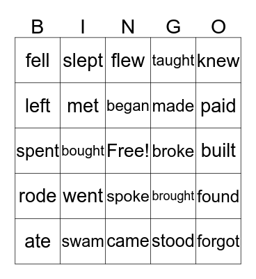 Irregular Verbs Past Tense Bingo Card