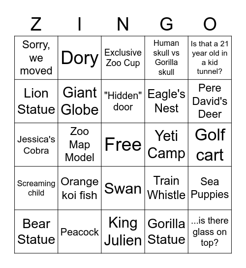 Zoo Trip Bingo Card