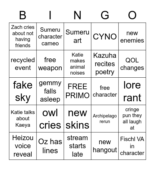 2.8 livestream Bingo Card