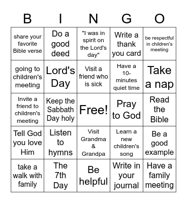 Sabbath Day Activities Bingo Card