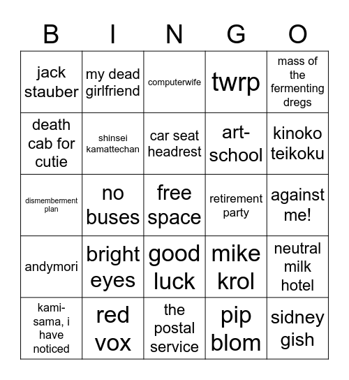 jasper music taste Bingo Card
