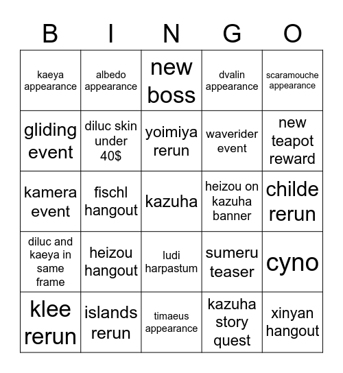 genshin 2.8 Bingo Card