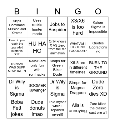 Mega Man X Cringe Bingo Card