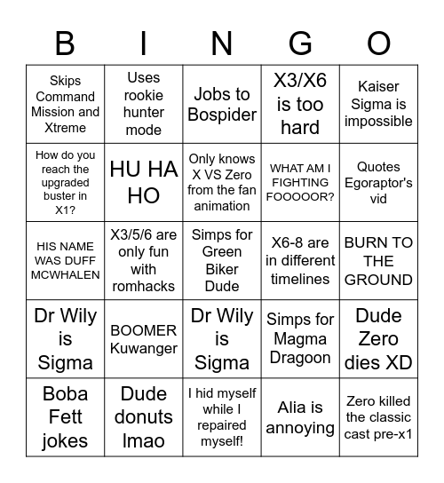 Mega Man X Cringe Bingo Card