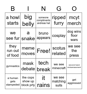 Anthrocon 2022 Bingo Card