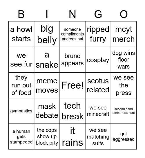 Anthrocon 2022 Bingo Card