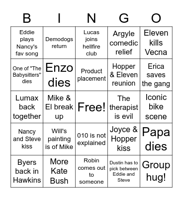 STRANGER THINGS BINGO Card