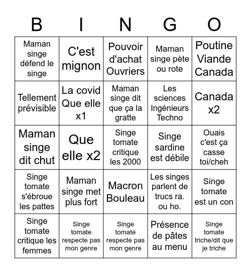 Stupide stupide stupide singe Bingo Card