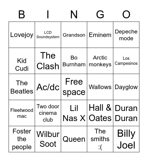 my music taste Bingo Card