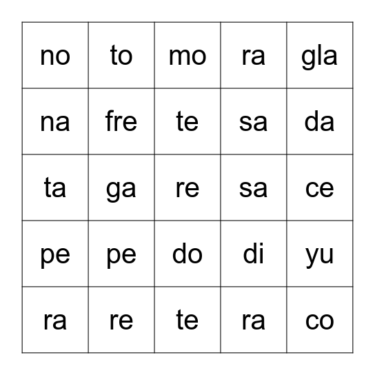 Sílabas Bingo Card