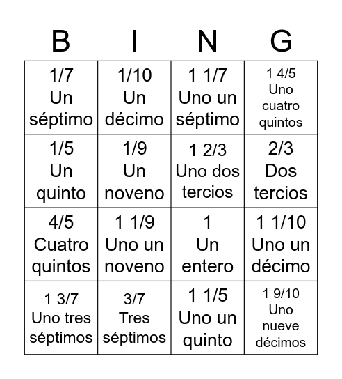 Fracciones y quebrados Bingo Card