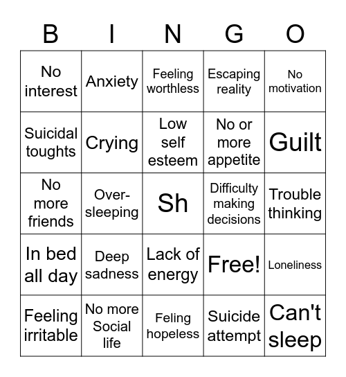 Depression Bingo Card