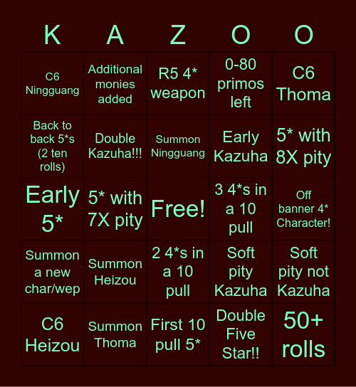 Kazuha Bingo Card