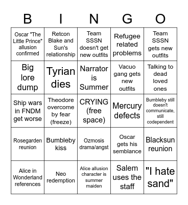 RWBY vol 9 bingo Card