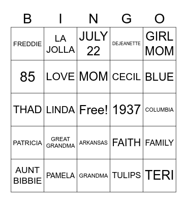 Vera’s Birthday Bingo! Bingo Card
