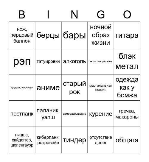 бинго блядской богемы Bingo Card