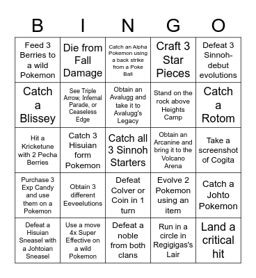 Pokemon Legends Arceus Bingo Card