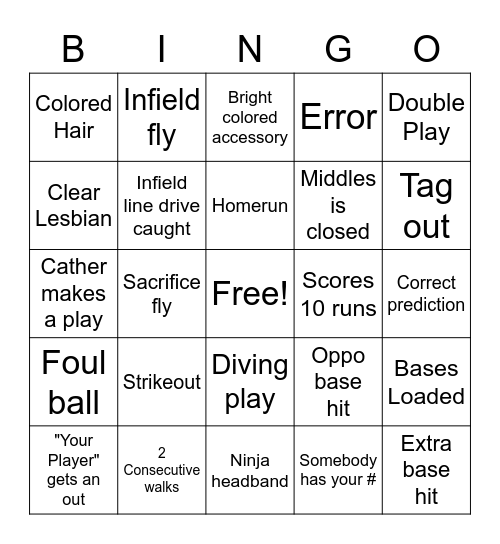 Softball Bingo Card