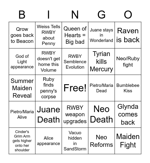 RWBY V9 BINGO Card