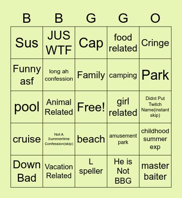SUMMERTIME CONFESSIONS Bingo Card