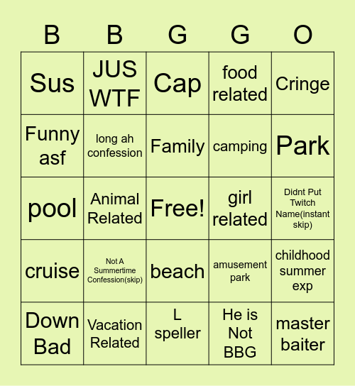 SUMMERTIME CONFESSIONS Bingo Card