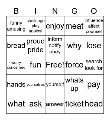 Vocabulary 3 Bingo Card