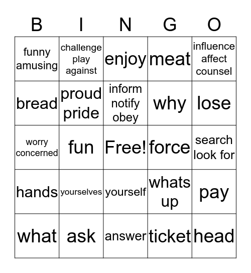 Vocabulary 3 Bingo Card