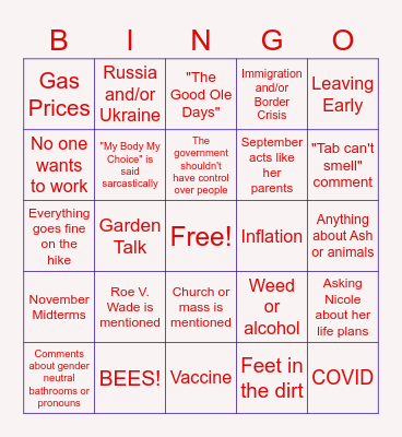 Family Hike Bingo Card