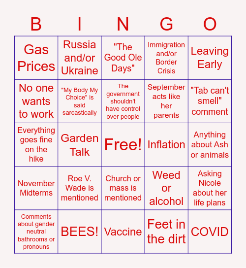 Family Hike Bingo Card