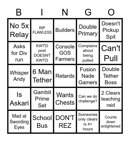 Bungie.net GOS LFG Bingo Card