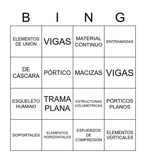 TIPOS DE ESTRUCTURAS Bingo Card