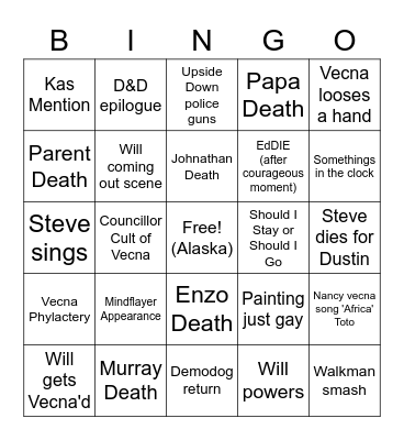 Stranger Things V2 Bingo Card