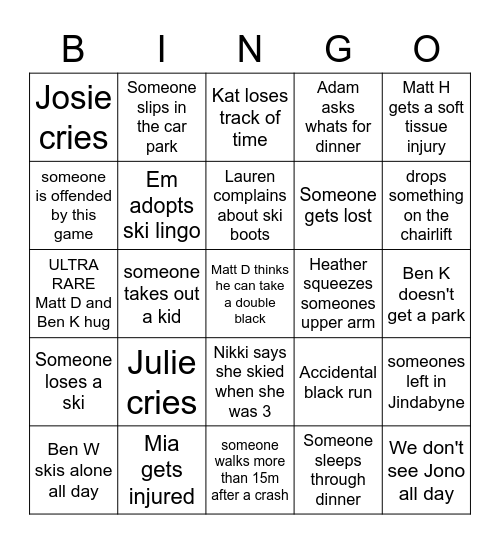 Ski trip bingo Card