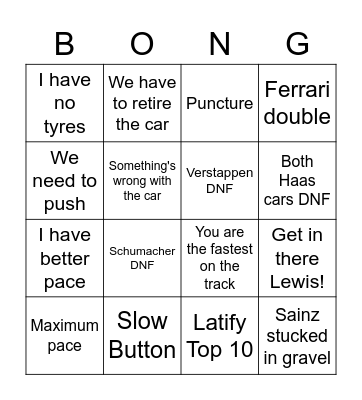 F1 Bongo Bingo Card