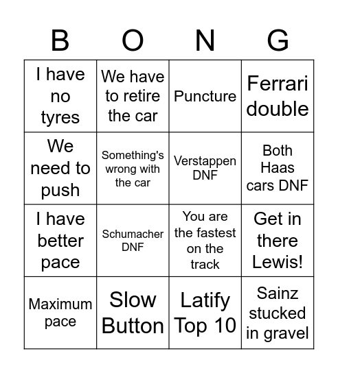 F1 Bongo Bingo Card