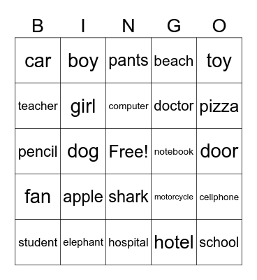 Noun (Person, Place, Thing, Animal) Bingo Card