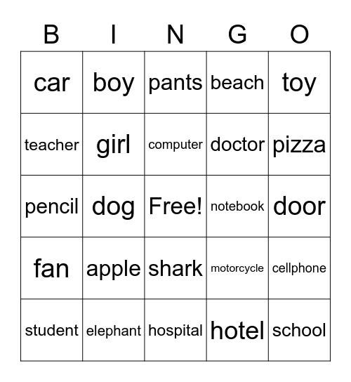 Noun (Person, Place, Thing, Animal) Bingo Card